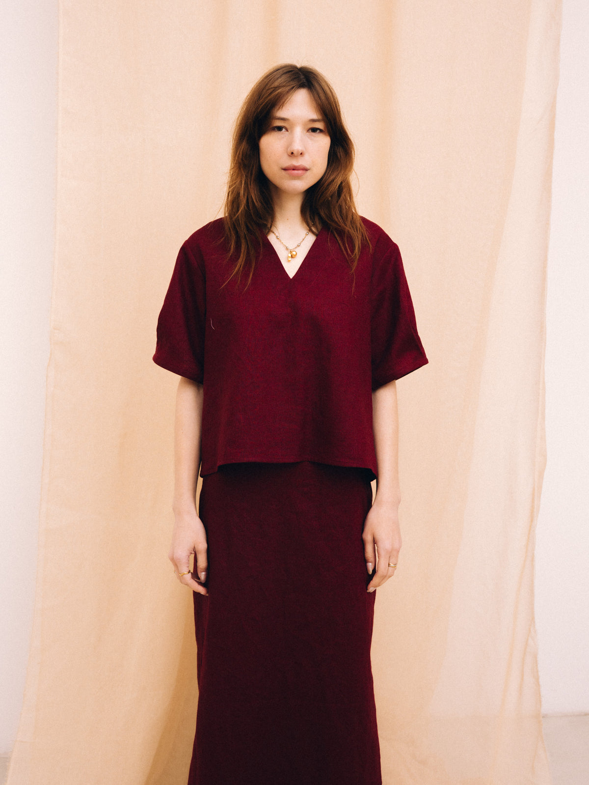 Burgundy linen women's short-sleeved blouse
