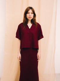 Burgundy linen women's short-sleeved blouse