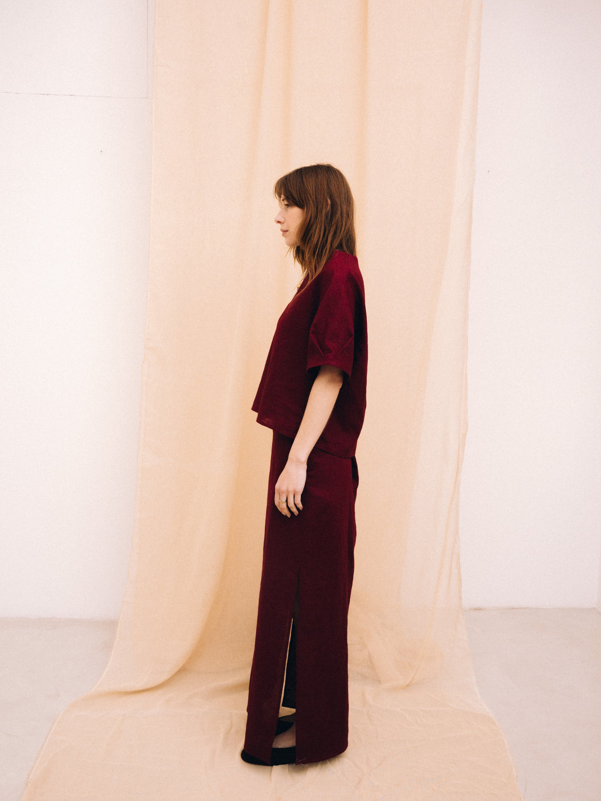 Burgundy linen women's maxi skirt