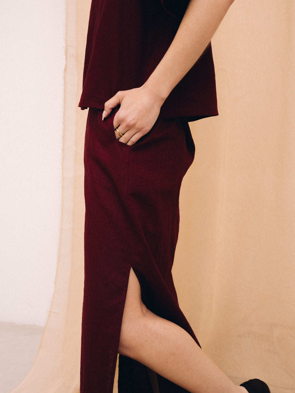 Burgundy linen women's maxi skirt