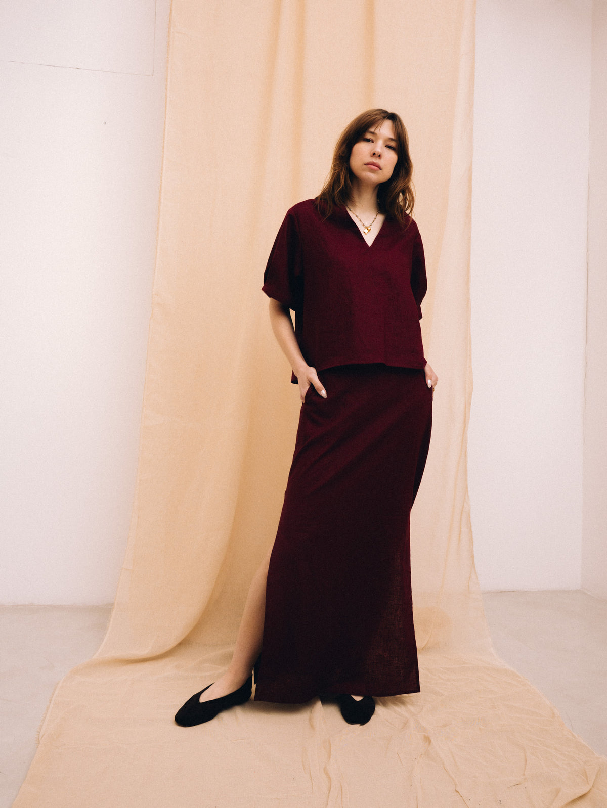 Burgundy linen women's maxi skirt