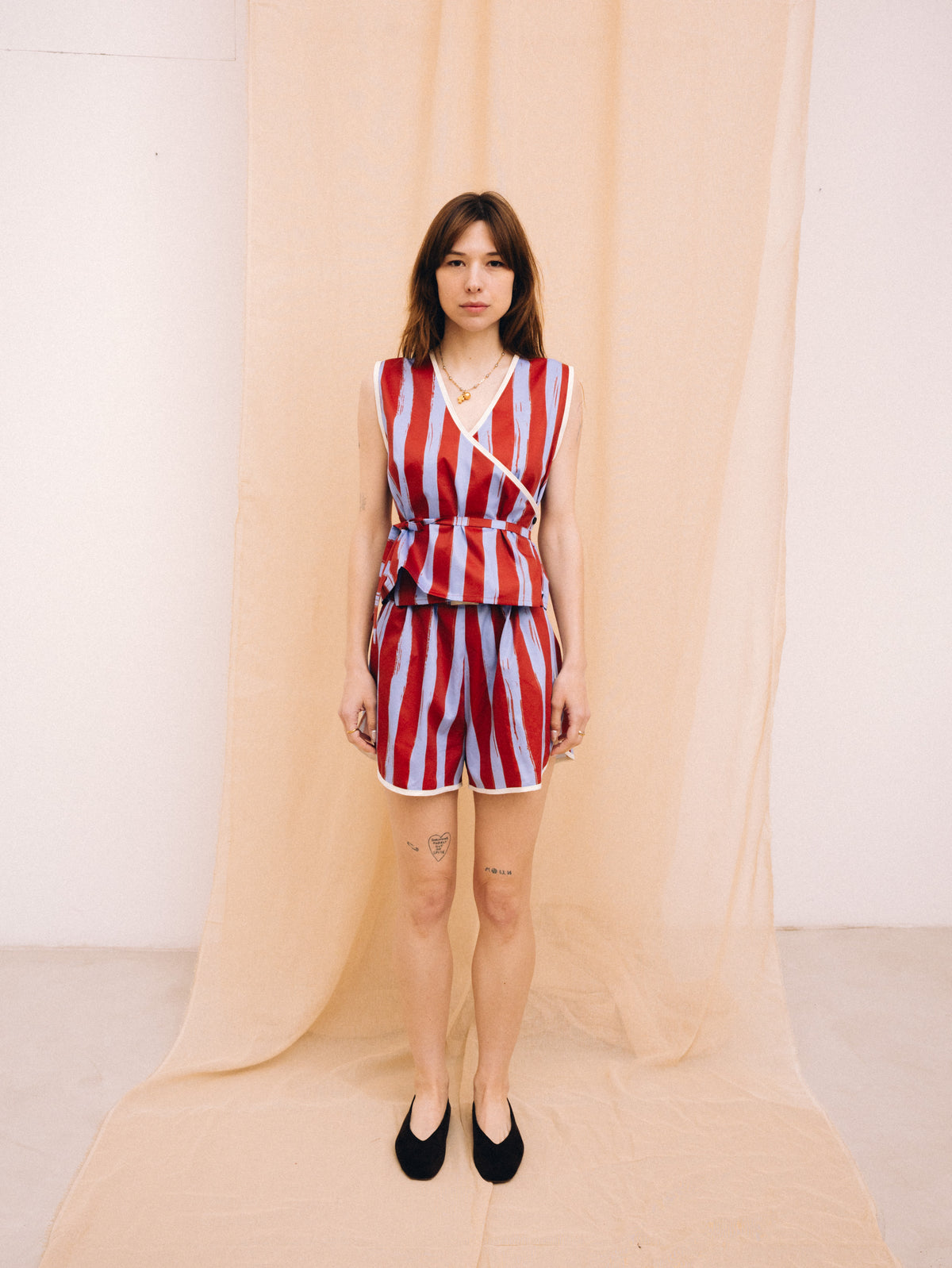 Purple and brown striped wrap women's top