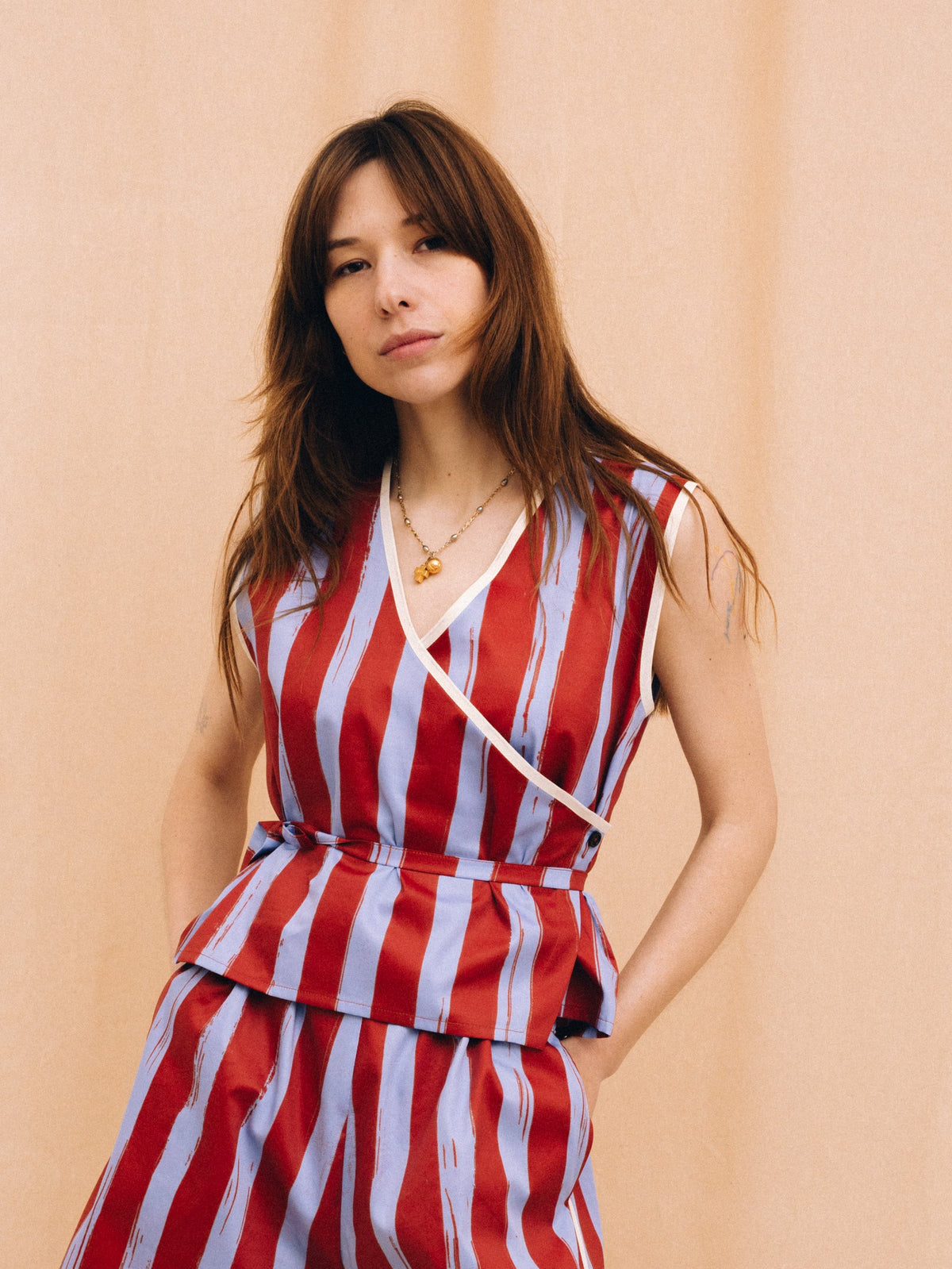 Purple and brown striped wrap women's top