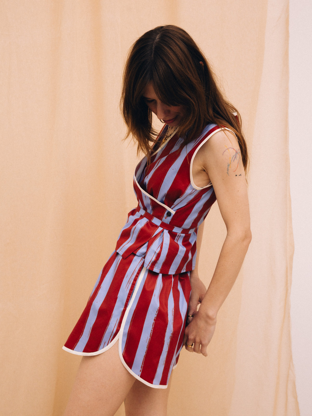 Purple and brown striped wrap women's top