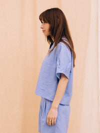 Purple linen women's short-sleeved blouse