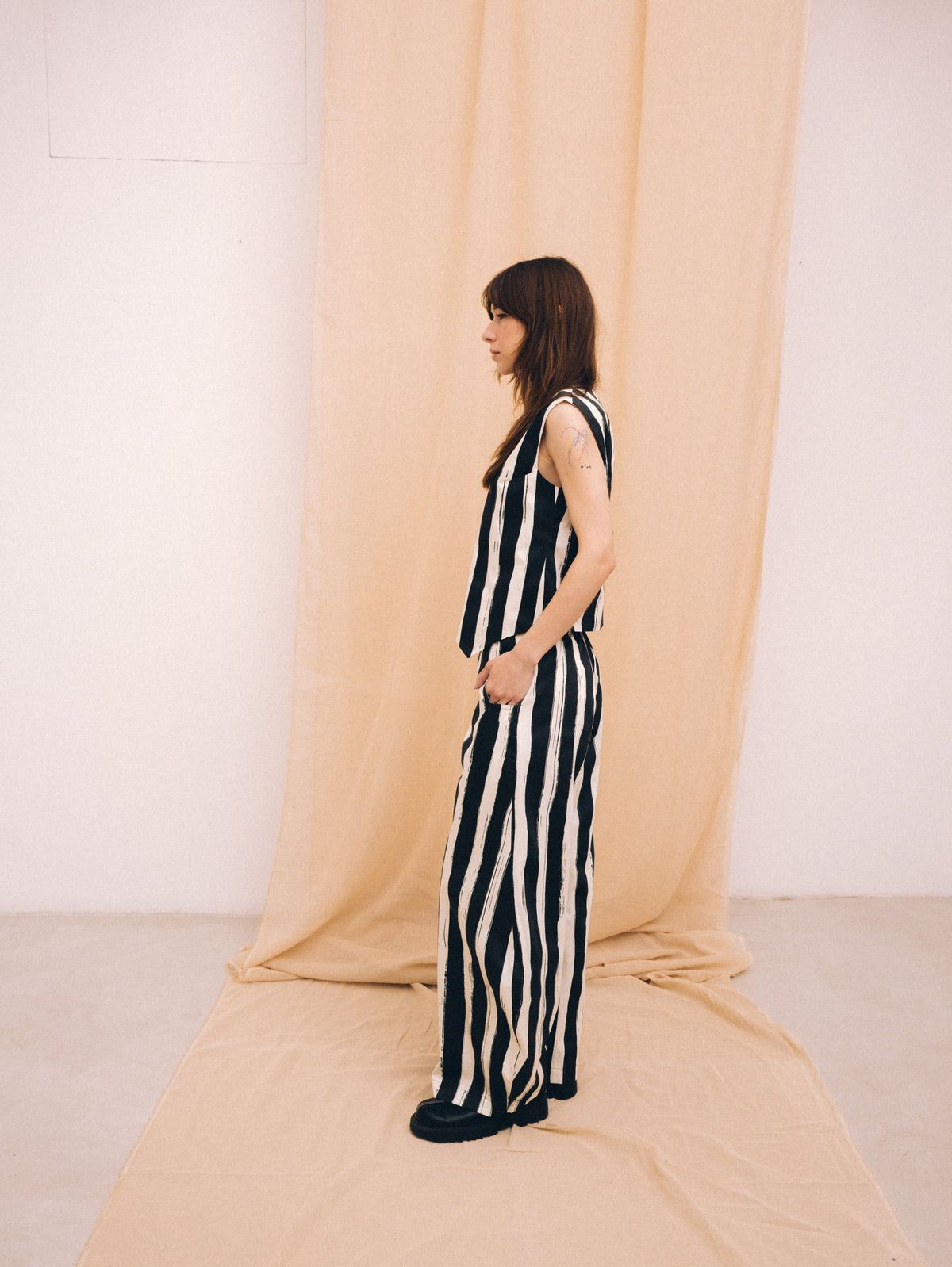 Natural black striped women's long barrel trousers