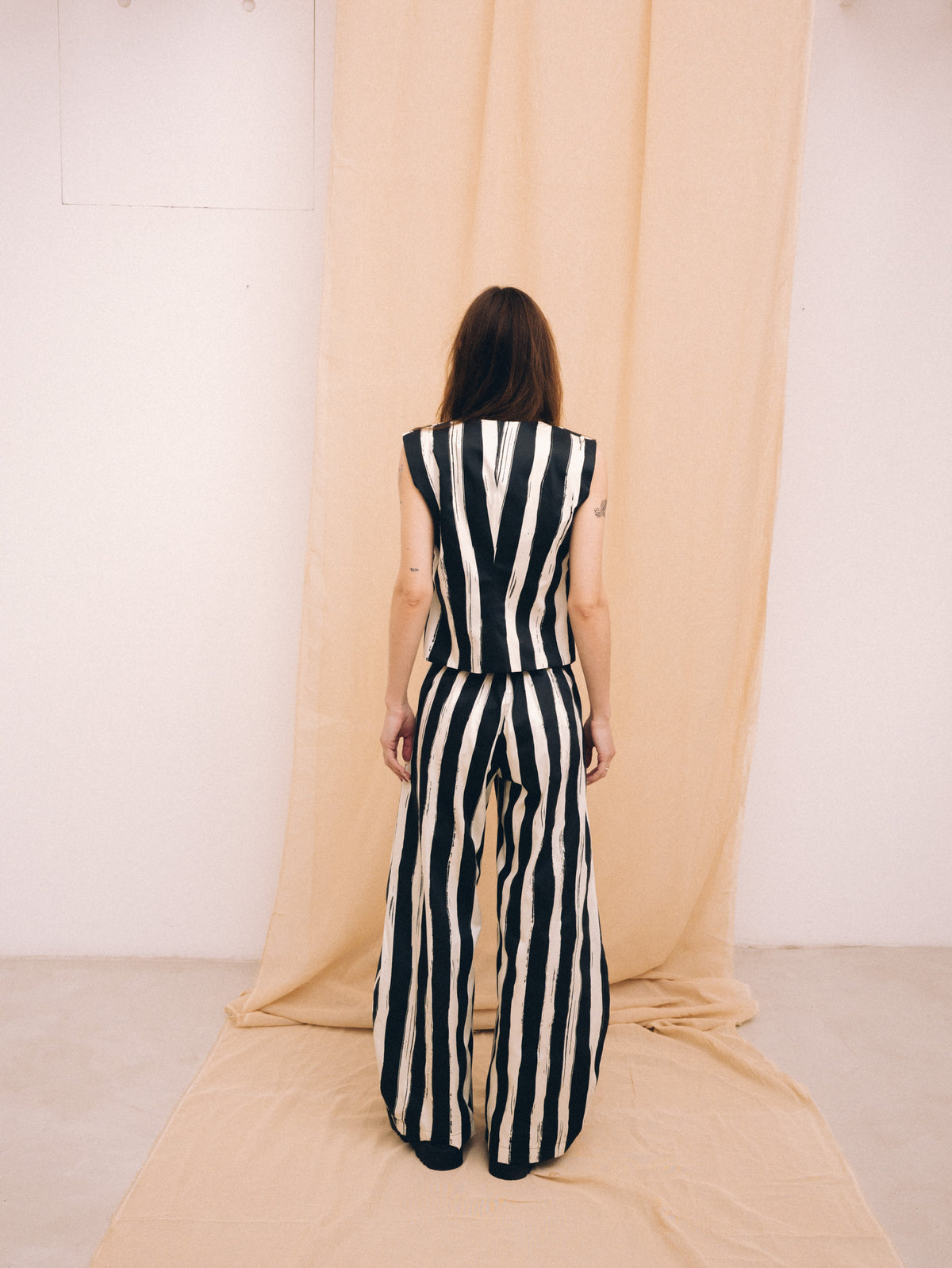 Natural black striped women's long barrel trousers