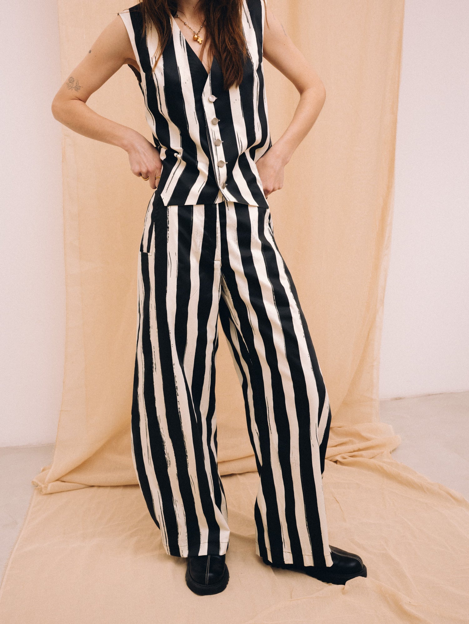 Natural black striped women's long barrel trousers