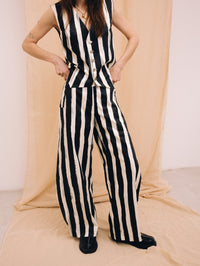 Natural black striped women's long barrel trousers