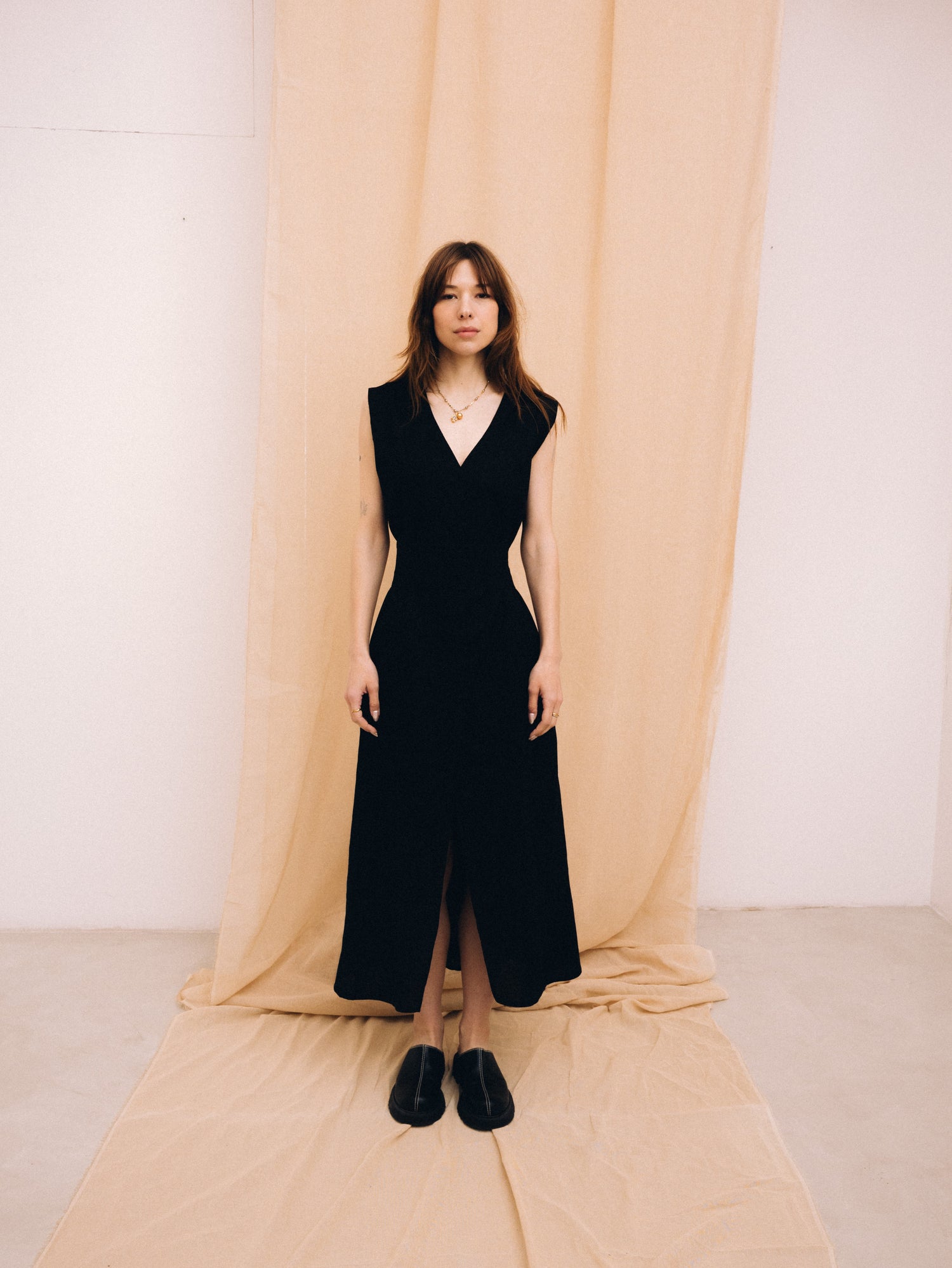 Black linen wrap maxi dress for women