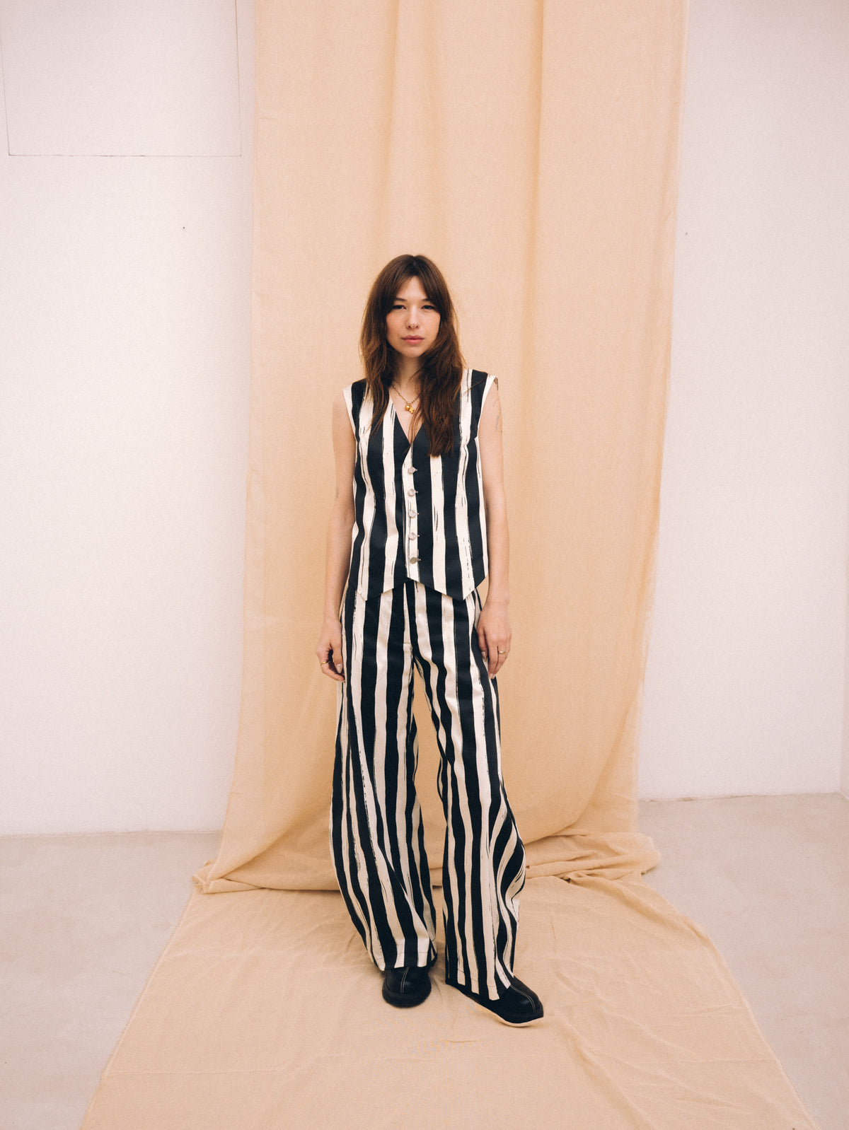 Natural black striped women's long barrel trousers