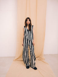 Natural black striped women's long barrel trousers
