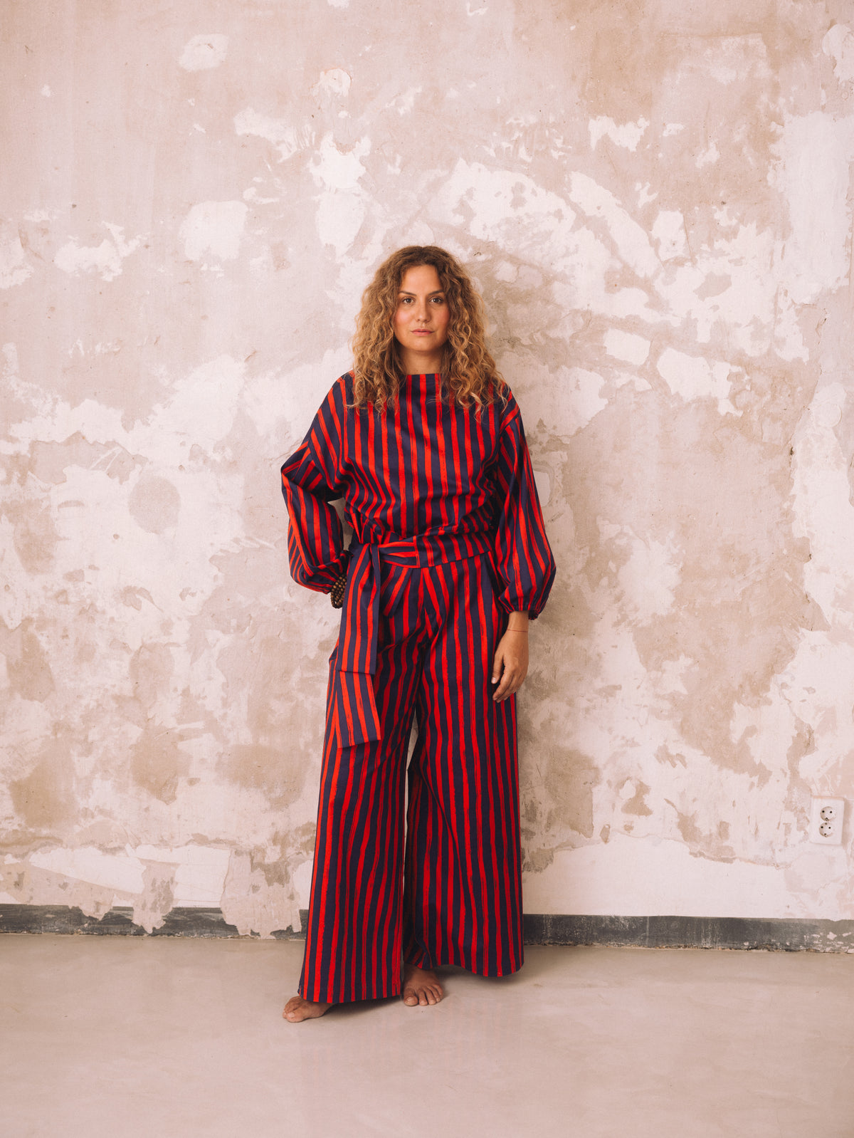 Purple-red striped loose women's pants
