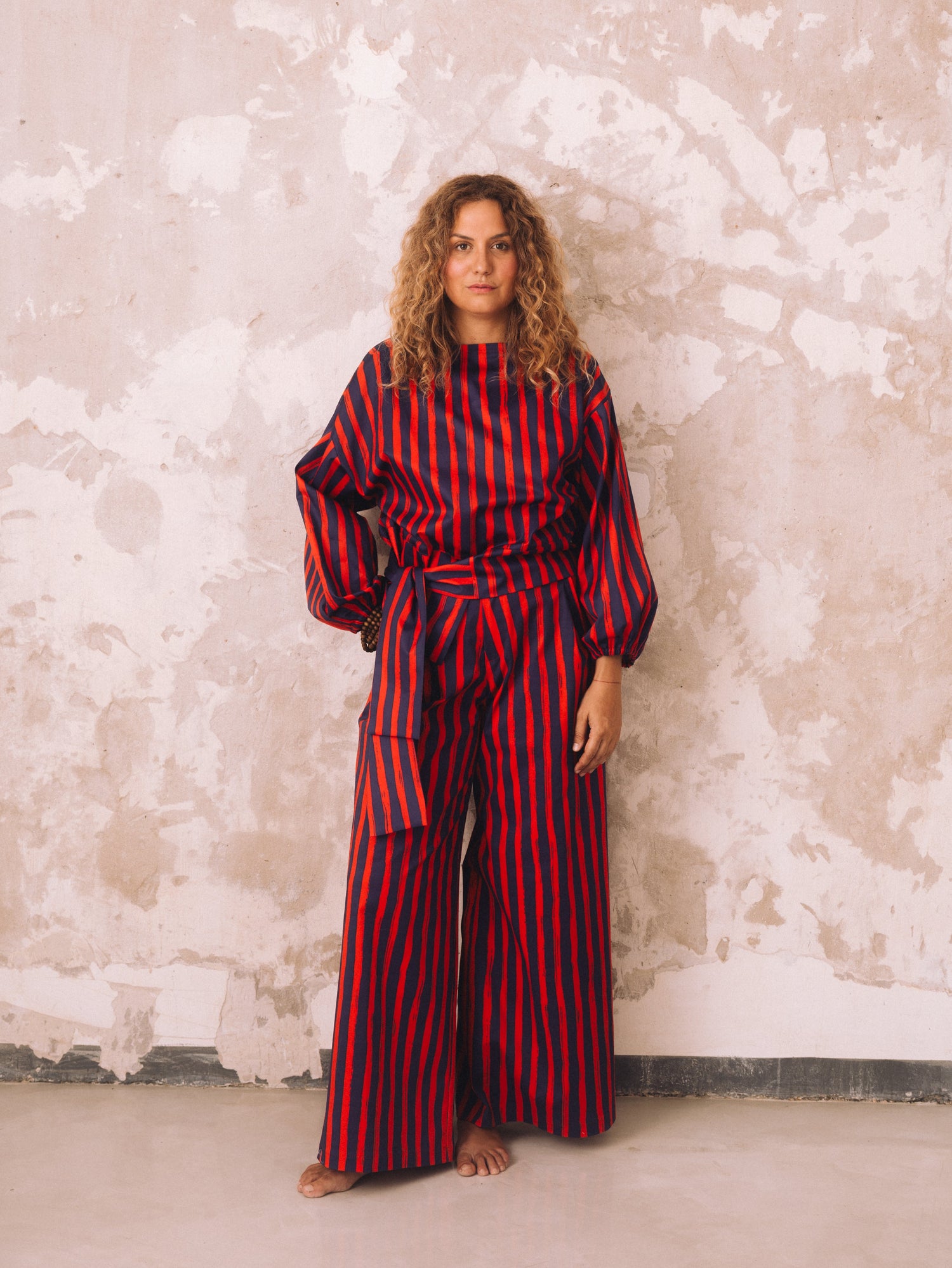 Purple-red striped loose women's pants