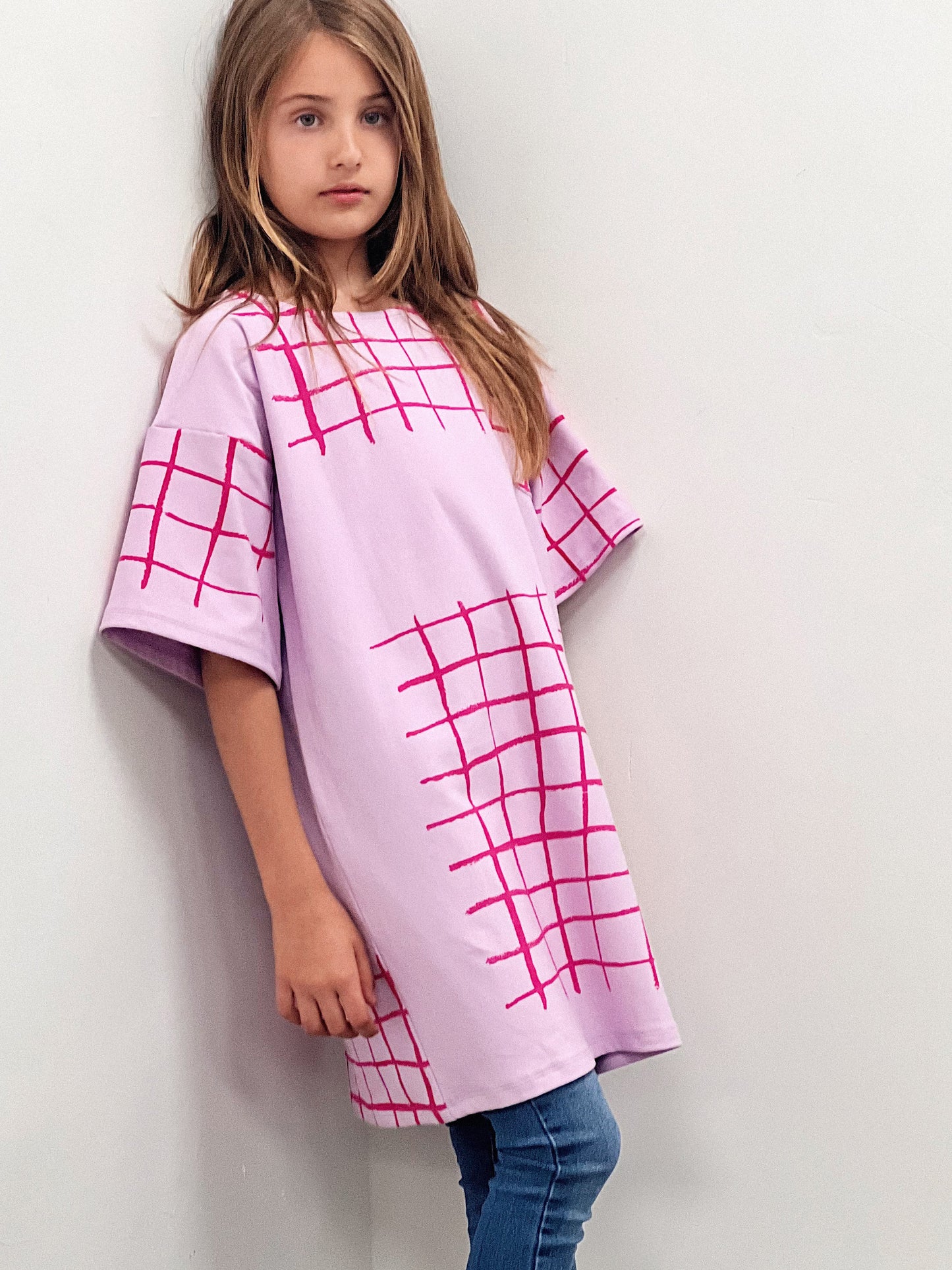 Grid purple short-sleeved children's t-shirt dress