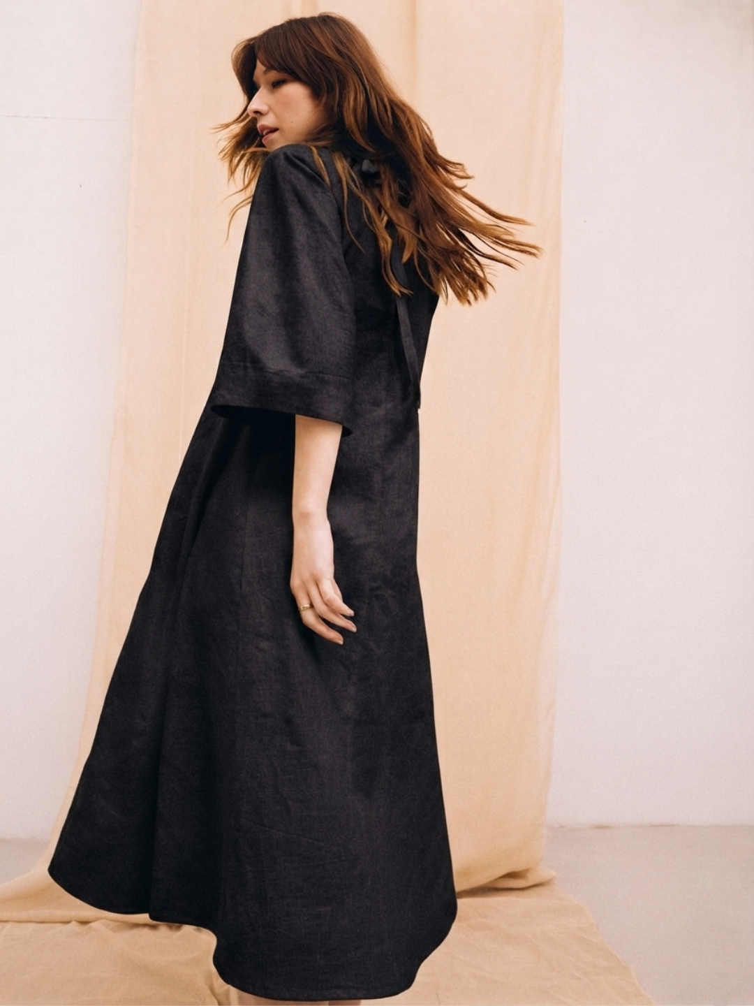 Black linen women's shirt dress