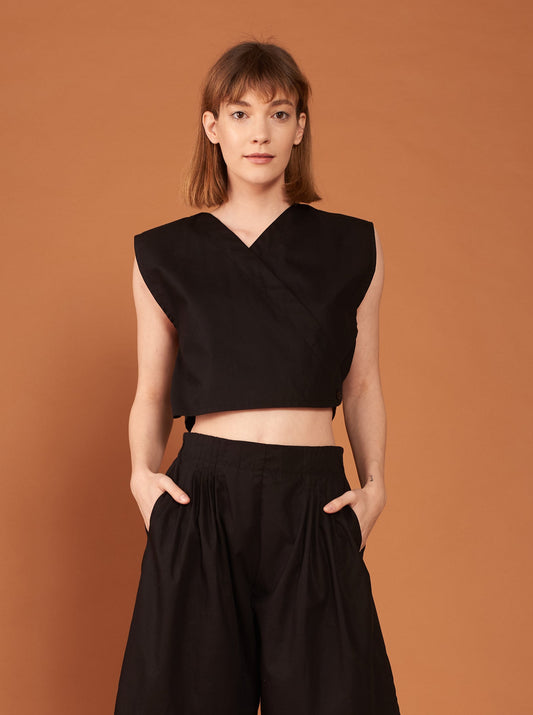 Overlapping black poplin top