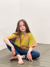 Small wave orange short-sleeved children's t-shirt dress