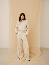 Ecru corduroy women's wide-leg pants