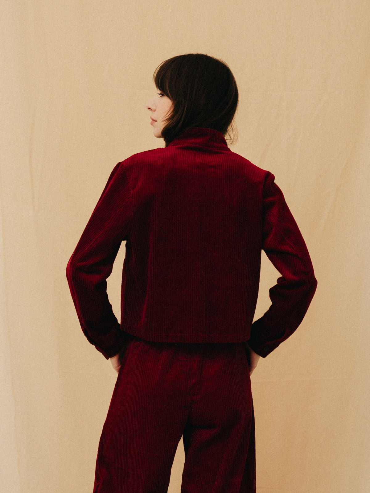 Burgundy corduroy short women's coat