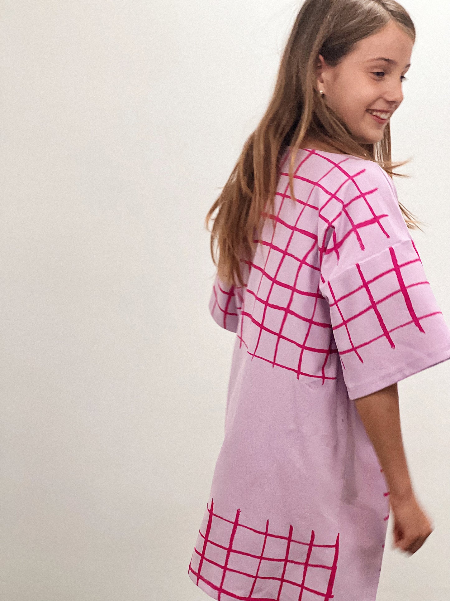 Grid purple short-sleeved children's t-shirt dress