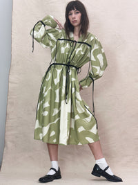 Sursaut natúr-zöld megkötős női midiruha - ARCHIVE