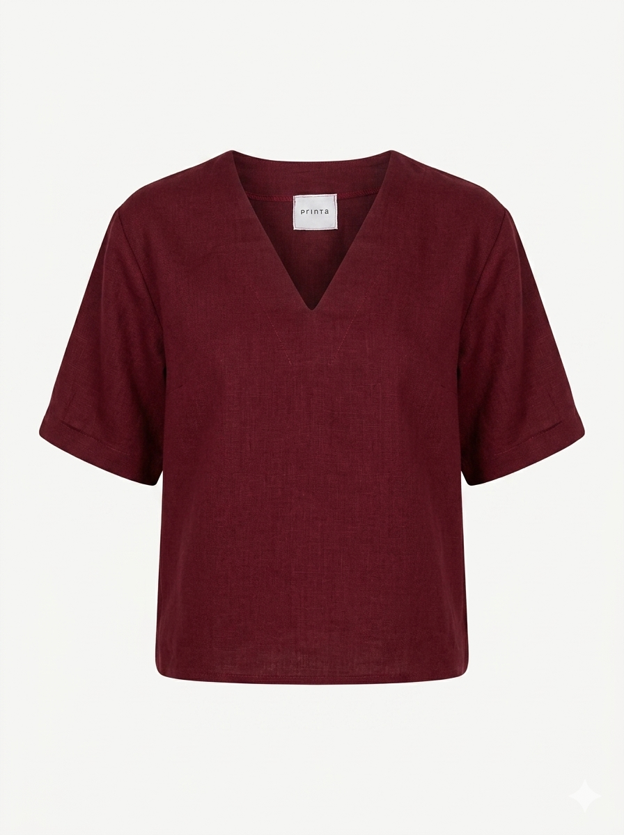 Burgundy linen women's short-sleeved blouse