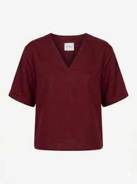Burgundy linen women's short-sleeved blouse