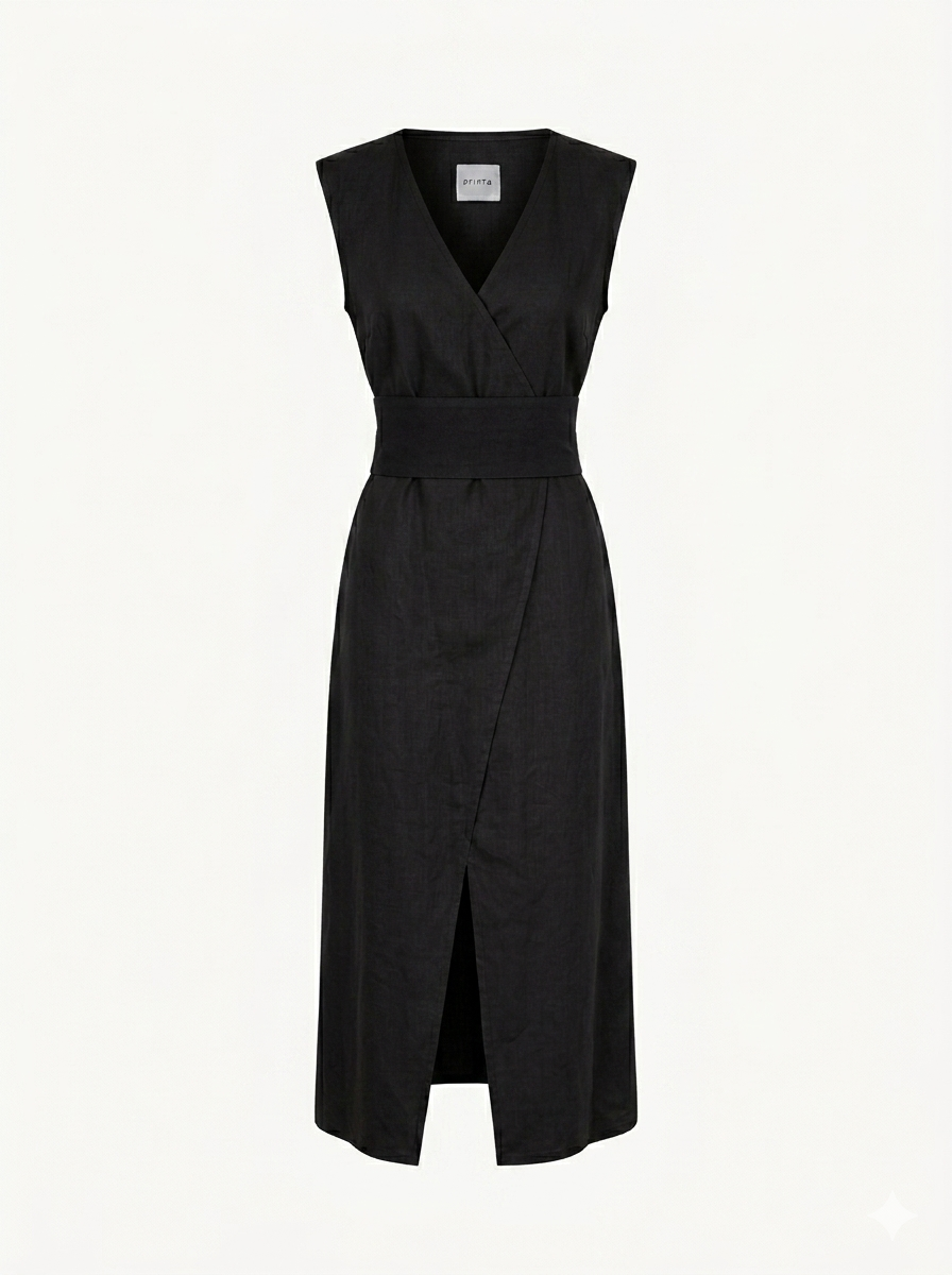 Black linen wrap maxi dress for women