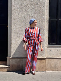 Purple-brown striped straight-leg women's trousers