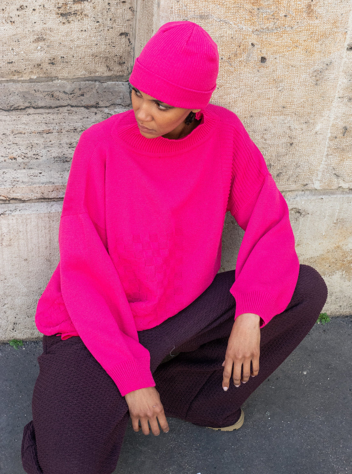 Fukszia kötött oversized uniszex pulóver - ARCHIVE