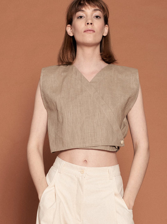 Overlapping sand coloured linen top