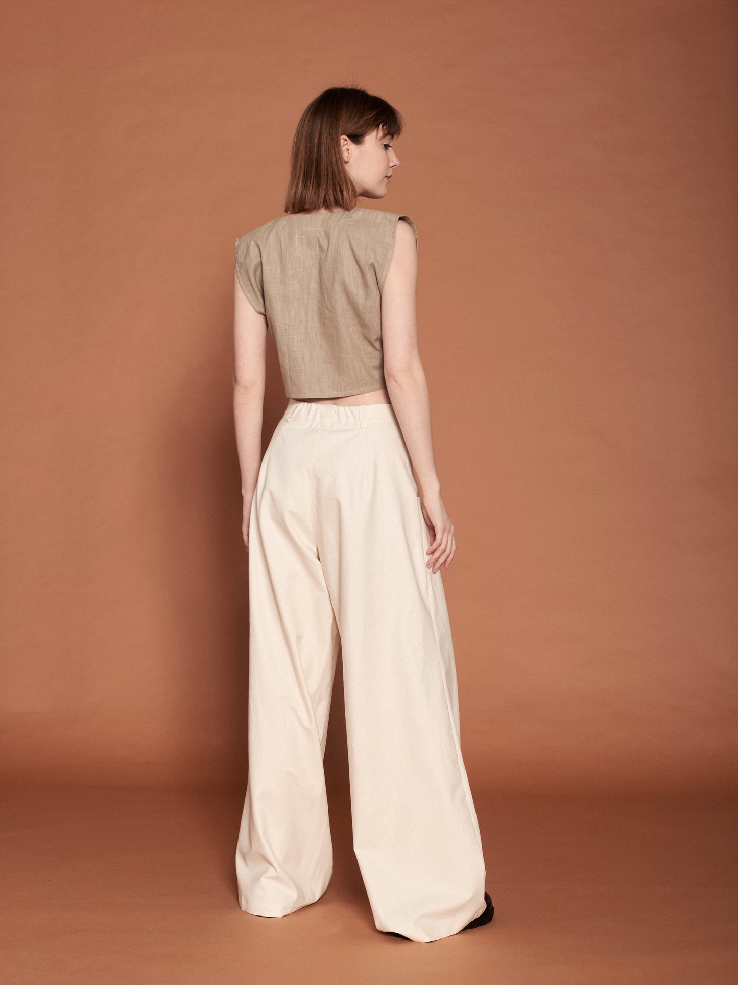 Overlapping sand coloured linen top