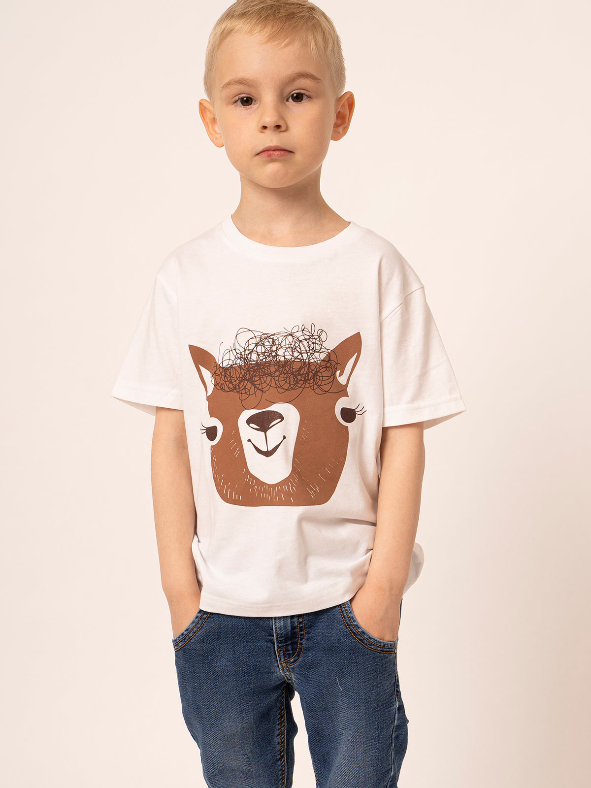 White children's t-shirt with alpaca pattern