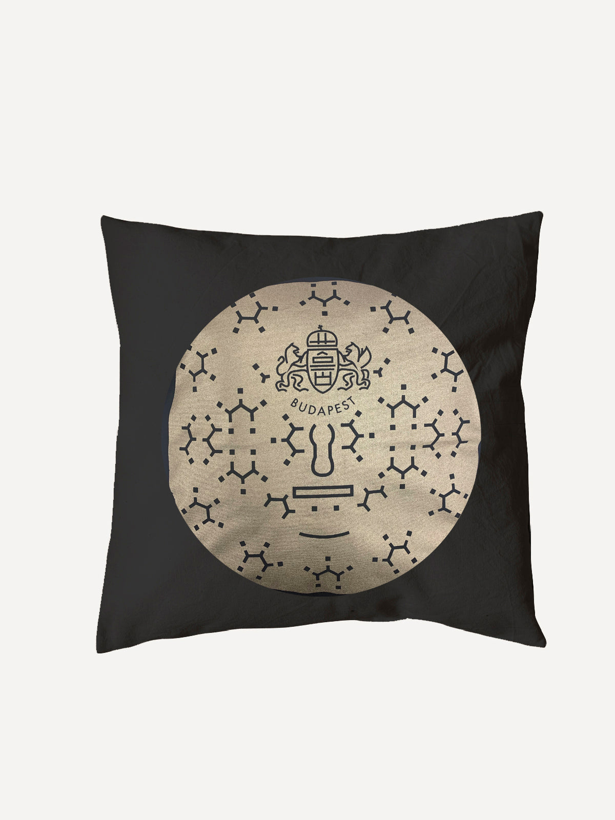 Black cushion cover with a golden channel cover pattern